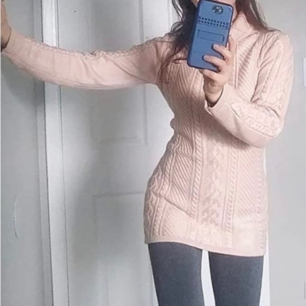 v28 Polo Neck Long Bodycon Turtleneck Cable Knit Sweater. Light Pink, Large